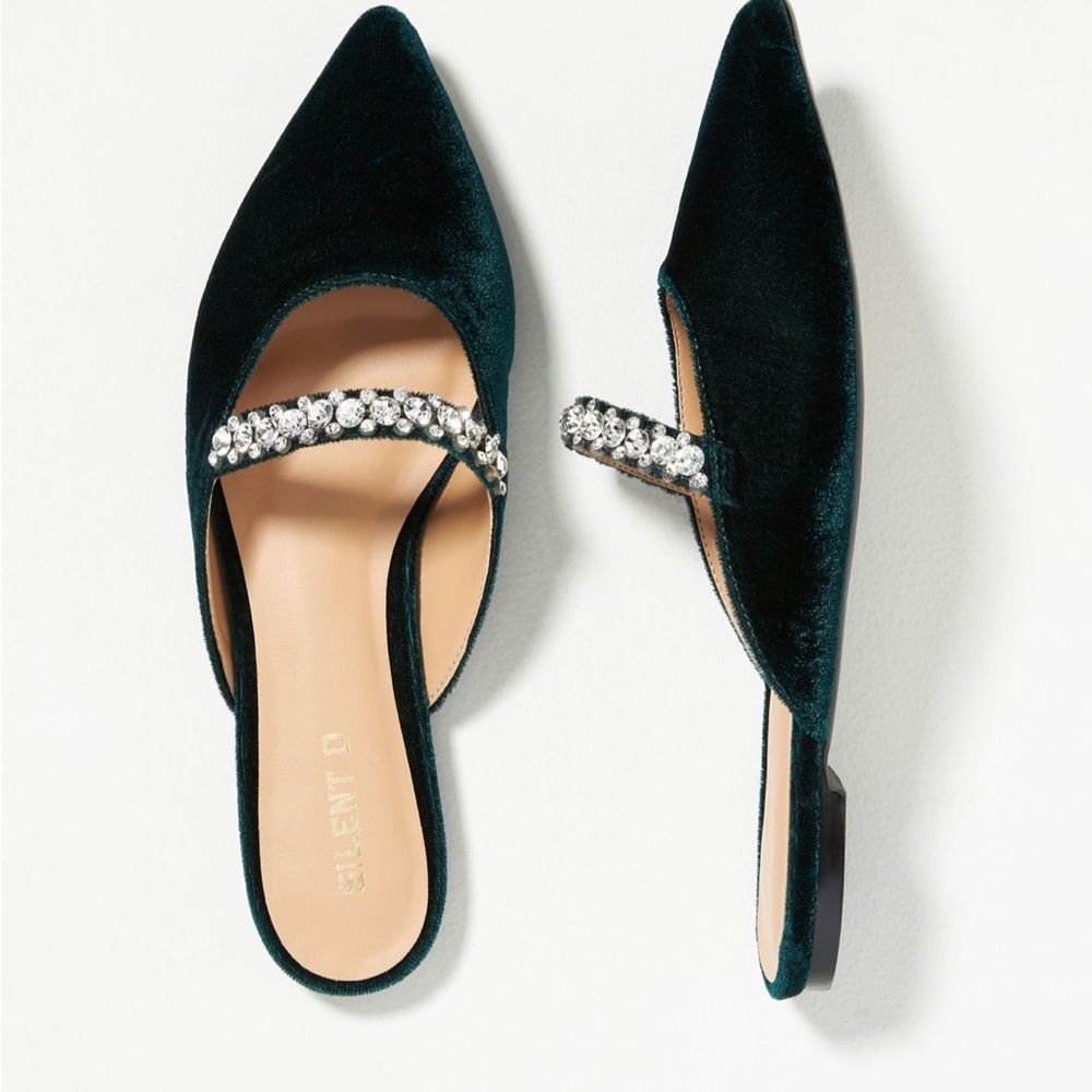 Anthropologie Silent D Velvet green embellished mule flats size 37